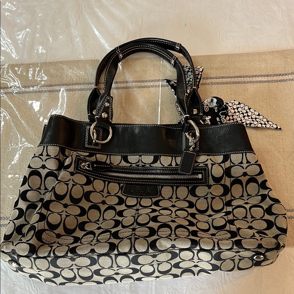 Coach Black and Cream Shoulder Bag with Signature Monogram